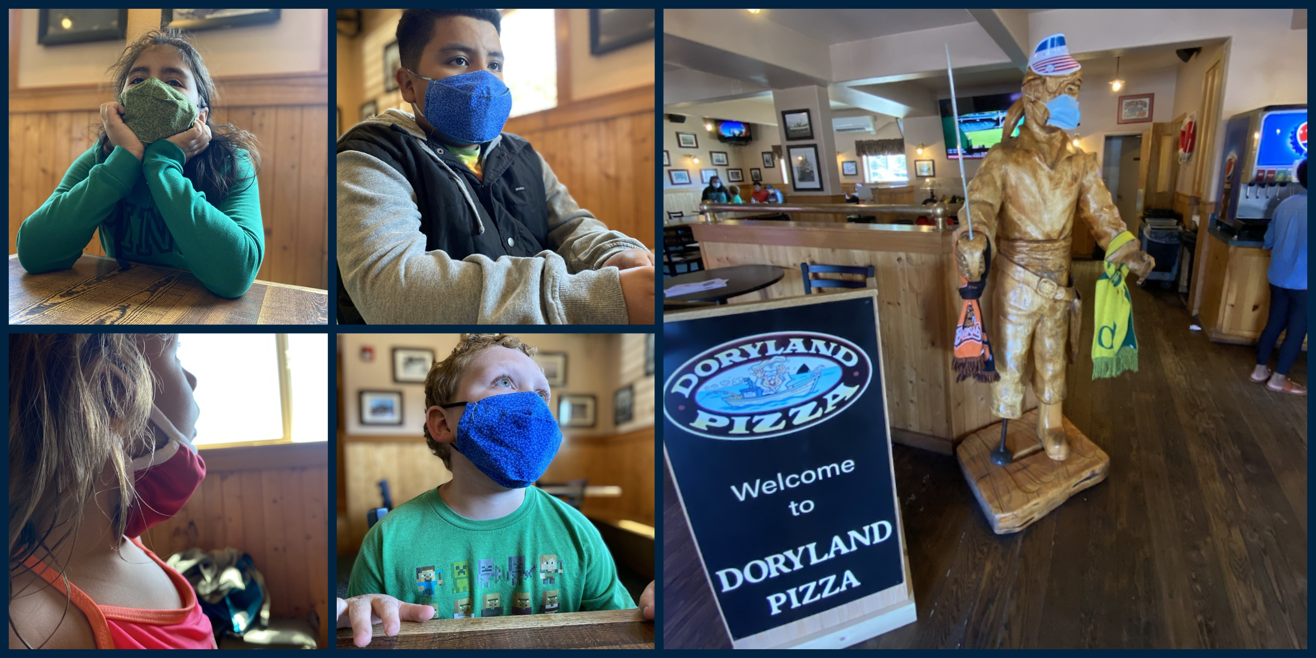 photo of kids in masks at Pizza Resturant