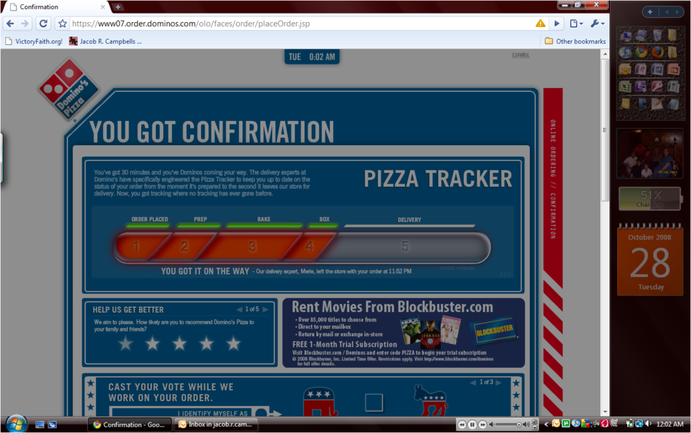  The pizza tracking page on Domino's 