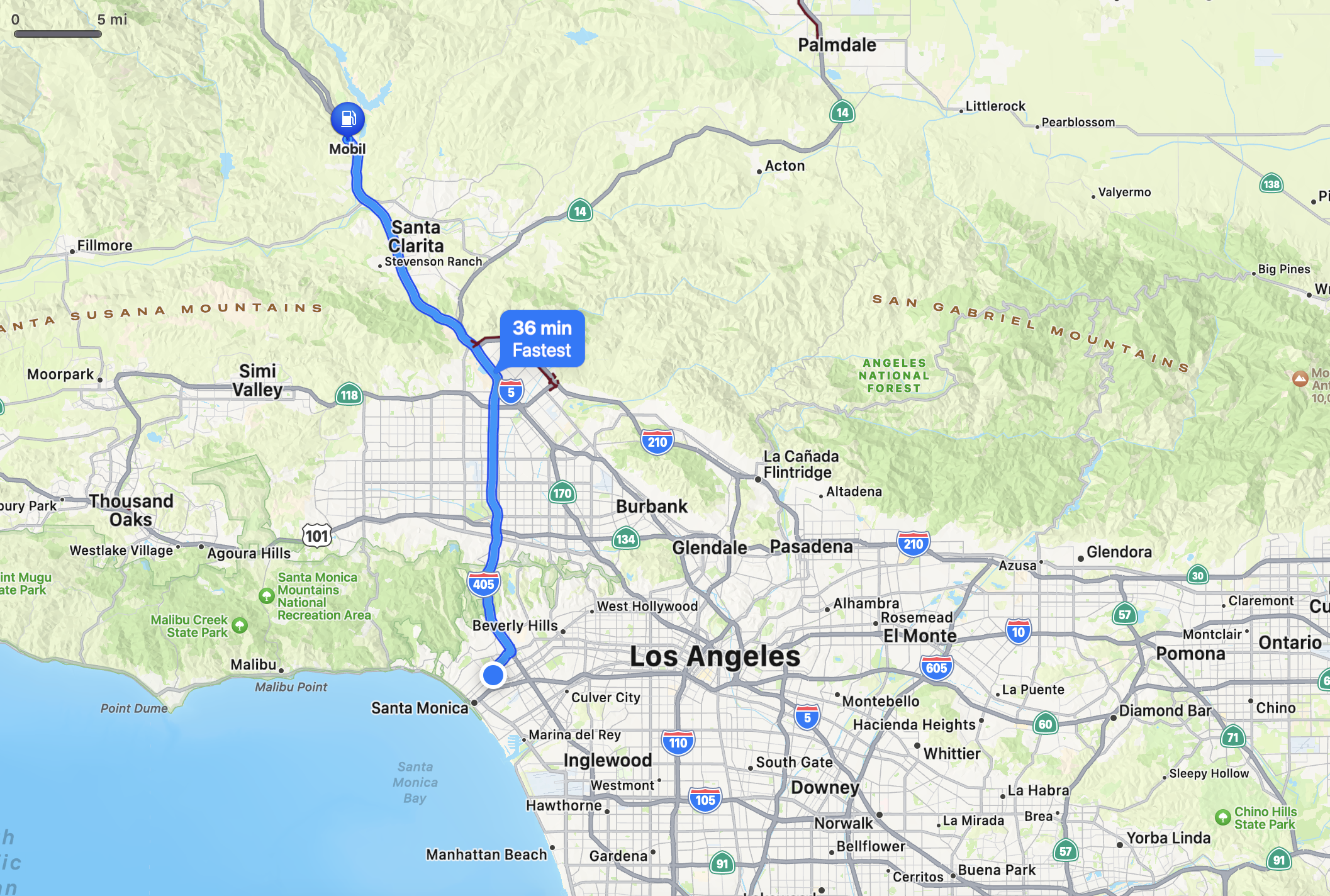 Map showing direction from a Gas Station in Castaic California to Santa Monica
