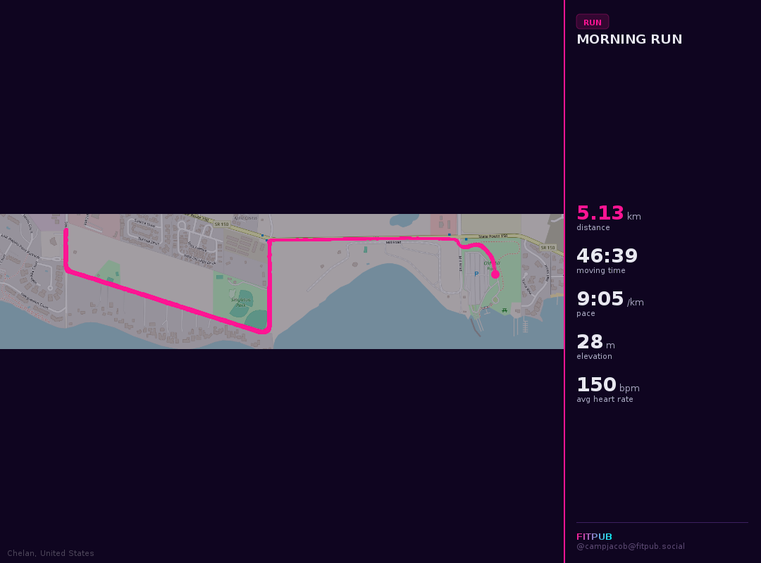 FitPub summary of the Chelanathon run: 5.13 km in 46:40, average heart rate 150 bpm
