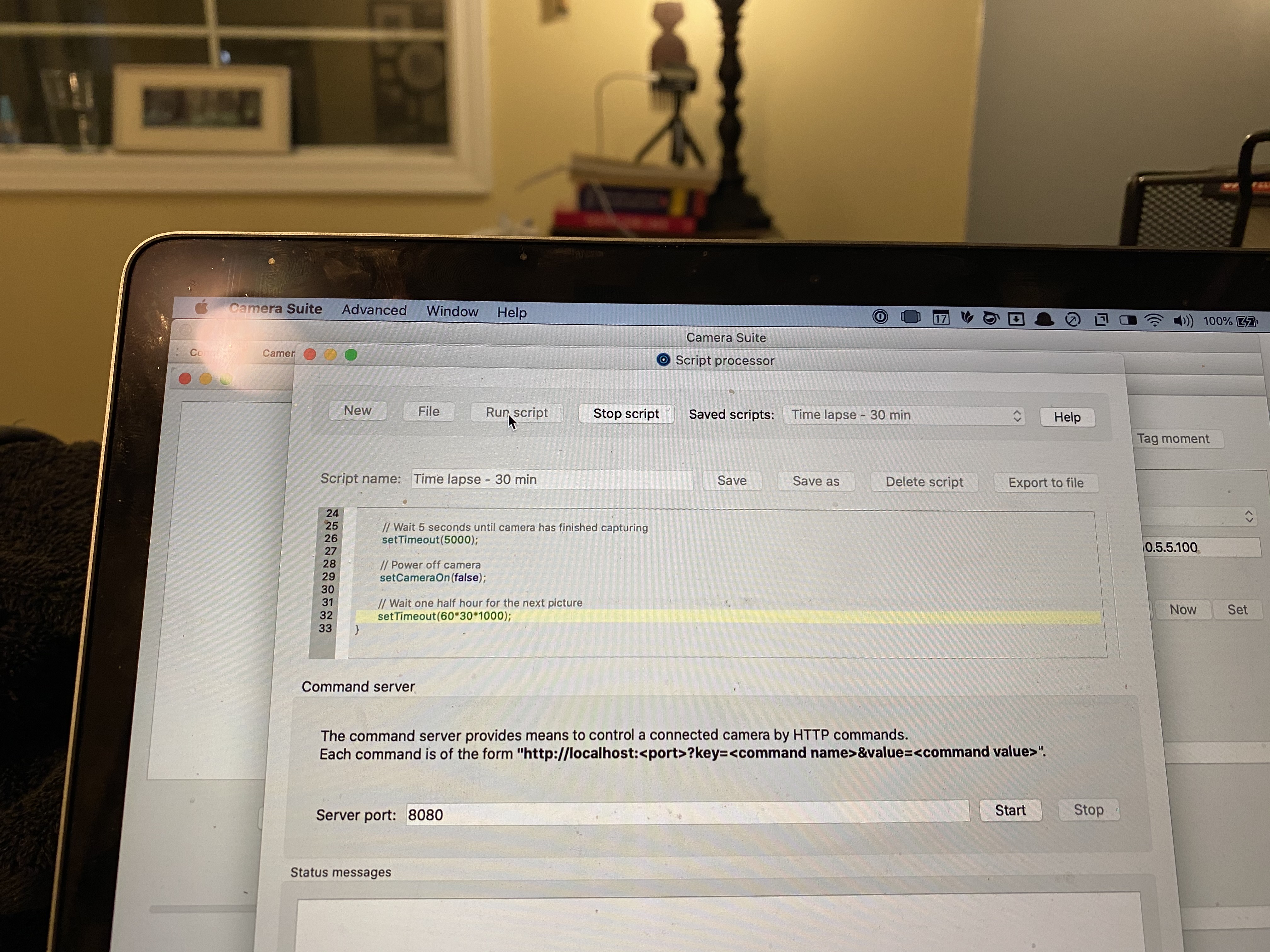 A photo showing the camera suite app and the script used to record my timelapse video