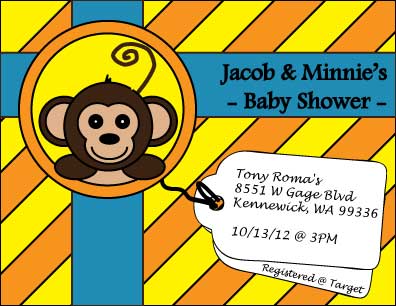 A graphic I created in  Adobe Illustrator. The front of the postcard displays a monkey I drew using shapes and merging them using the pathfinder function, two tags that state the event details and our registry. It is all designed to look like a gift with colored geometric design in the background and ribbon. There is a back side to the postcard that you can check out and I have uploaded the