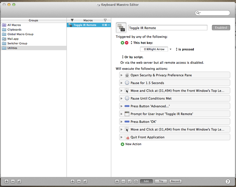 A screenshot of my Keyboard Maestro's macro for toggling the IR remote.
