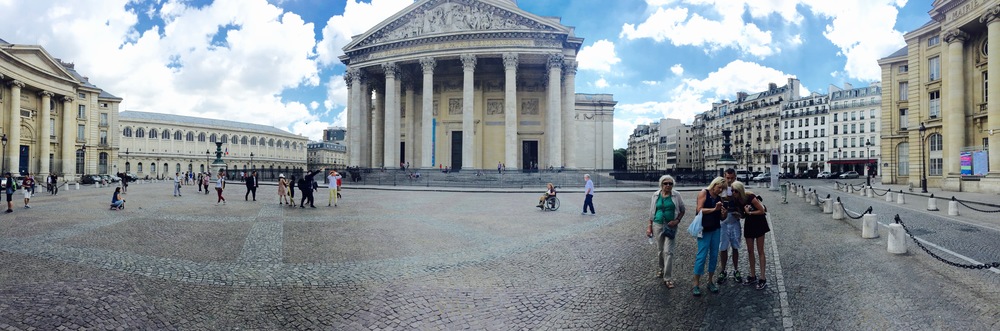 A panorama shot of my family (although, they aren't paying attention) in front of the Panthéon.